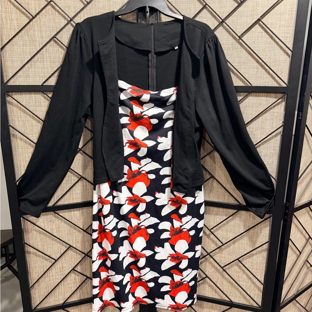 Black Jacket & Floral Sheath Dress - Black w/ Red & White Floral Hourglass - 1X